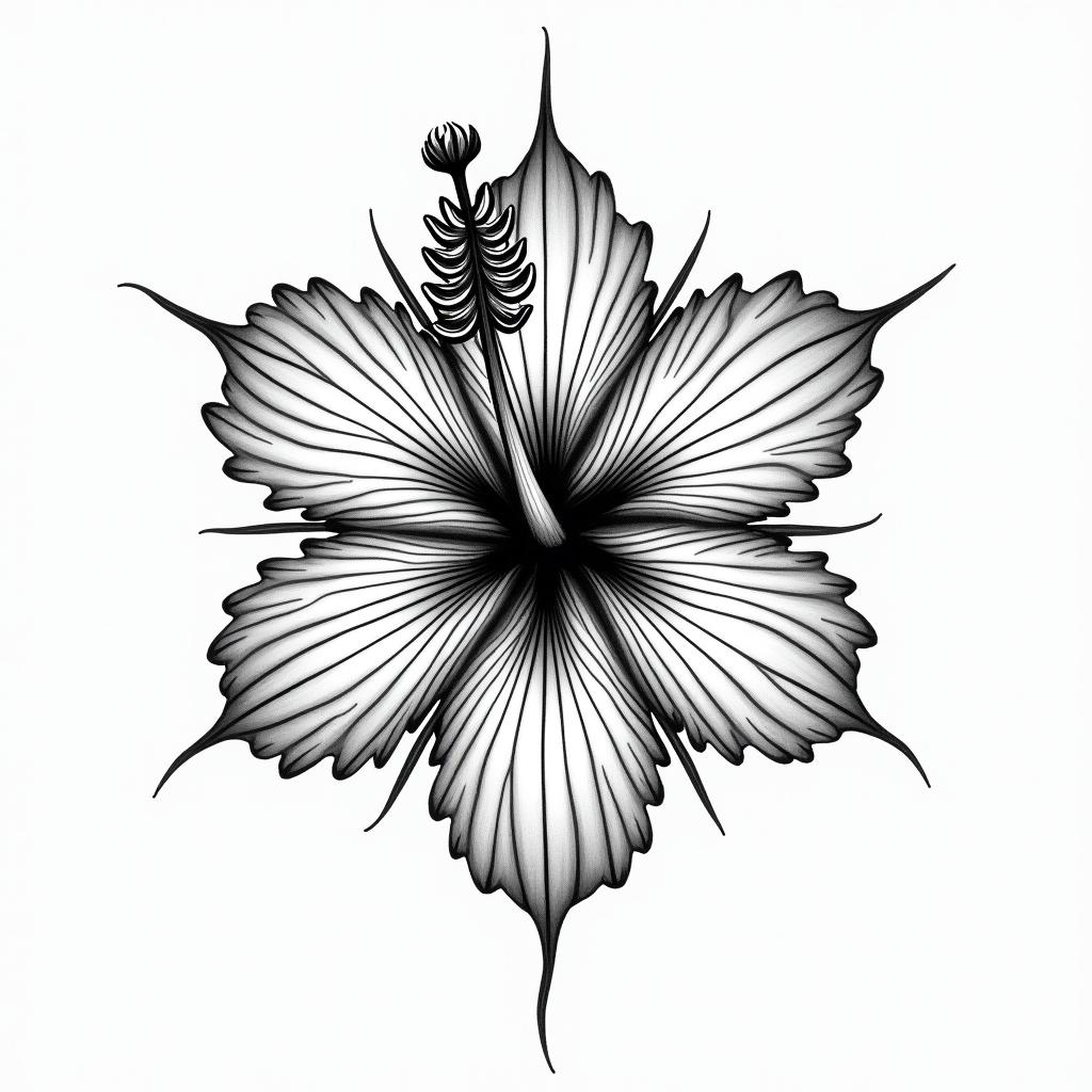 Hibiscus and bird of paradise in geometric style tattoo, blending hexagons, mandala-inspired patterns, symmetrical and fractal design, clean lines, sharp angles