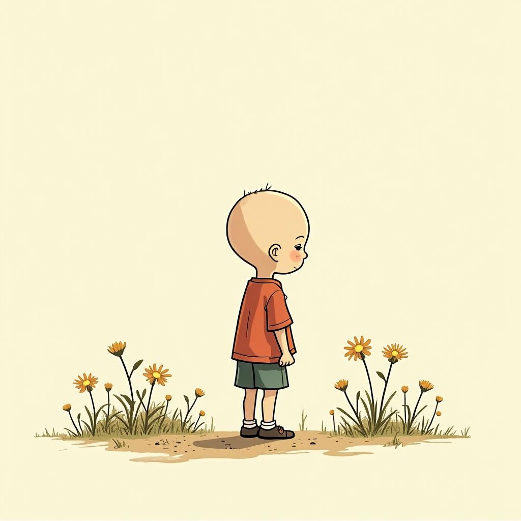 Difficult childhood, I love to travel, I want a happy life.Ghibli, Studio Ghibli aesthetic, hand-drawn anime style, retro nostalgic atmosphere, retro soft pastel color palette with earthy tones, retro Japanese cinematic shot, yellow tint effect, bald character, smooth surface, anime shadow 90's anime style - Variation 3