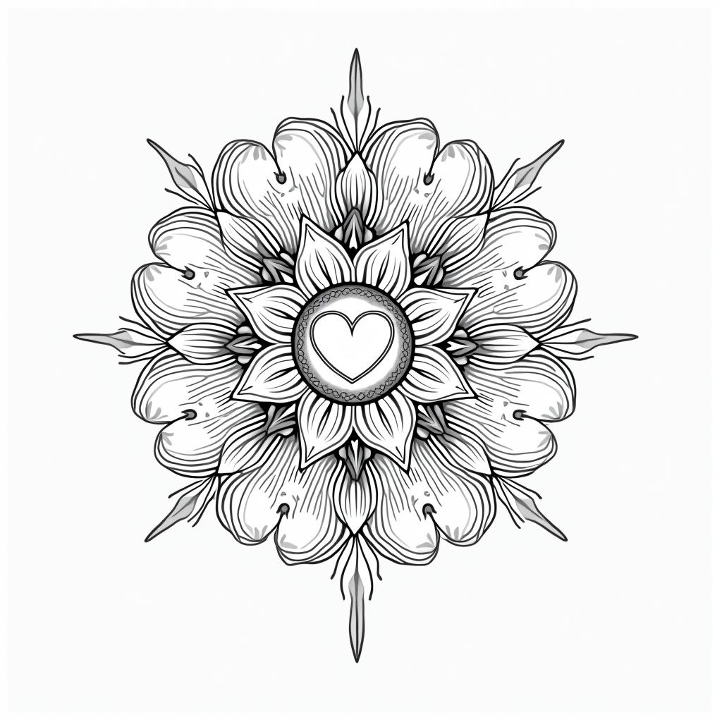 Mandala half tattoo flowersin Modest style tattoo, featuring soft, delicate line work with simple and meaningful symbols, gentle waves, a heart, evoking a sense of serenity and grace, - Variation 3