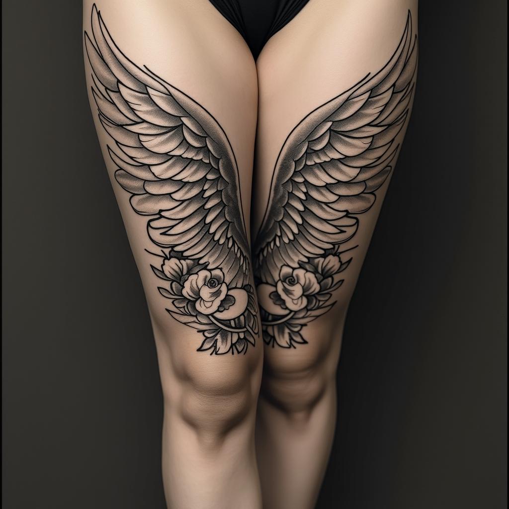 Angel wings with detailed feathersin victorian style tattoo, featuring vintage and elegant elements, ornate frames, roses, antique, sepia-toned color scheme - Variation 3