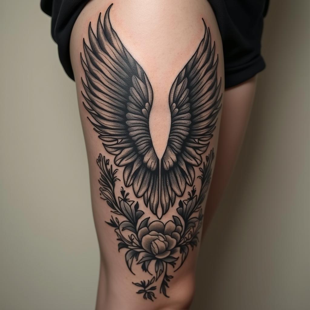 Angel wings with detailed feathersin victorian style tattoo, featuring vintage and elegant elements, ornate frames, roses, antique, sepia-toned color scheme - Variation 2