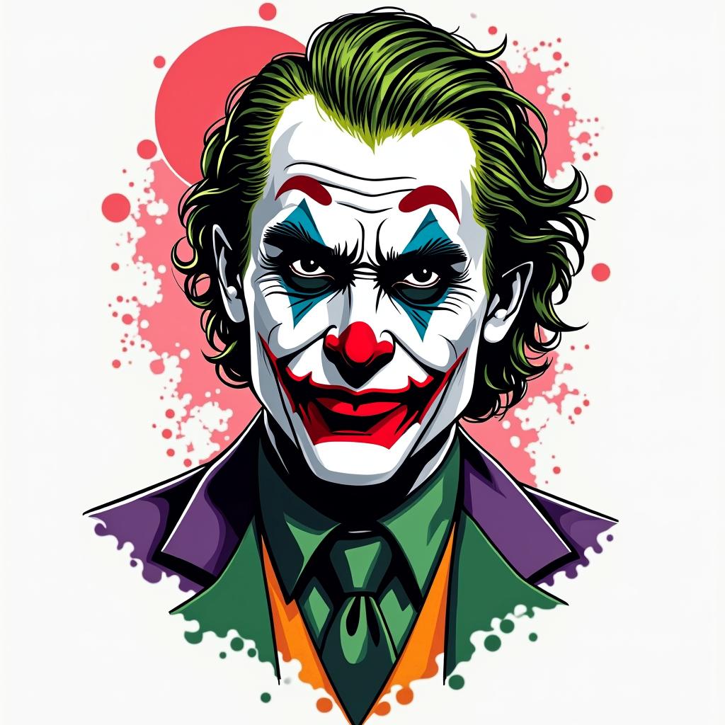 Joker batmanin pop art style tattoo, featuring bold and vibrant colors, exaggerated outlines, iconic imagery, inspired by comic books and speech bubbles, comic book characters, retro pop culture