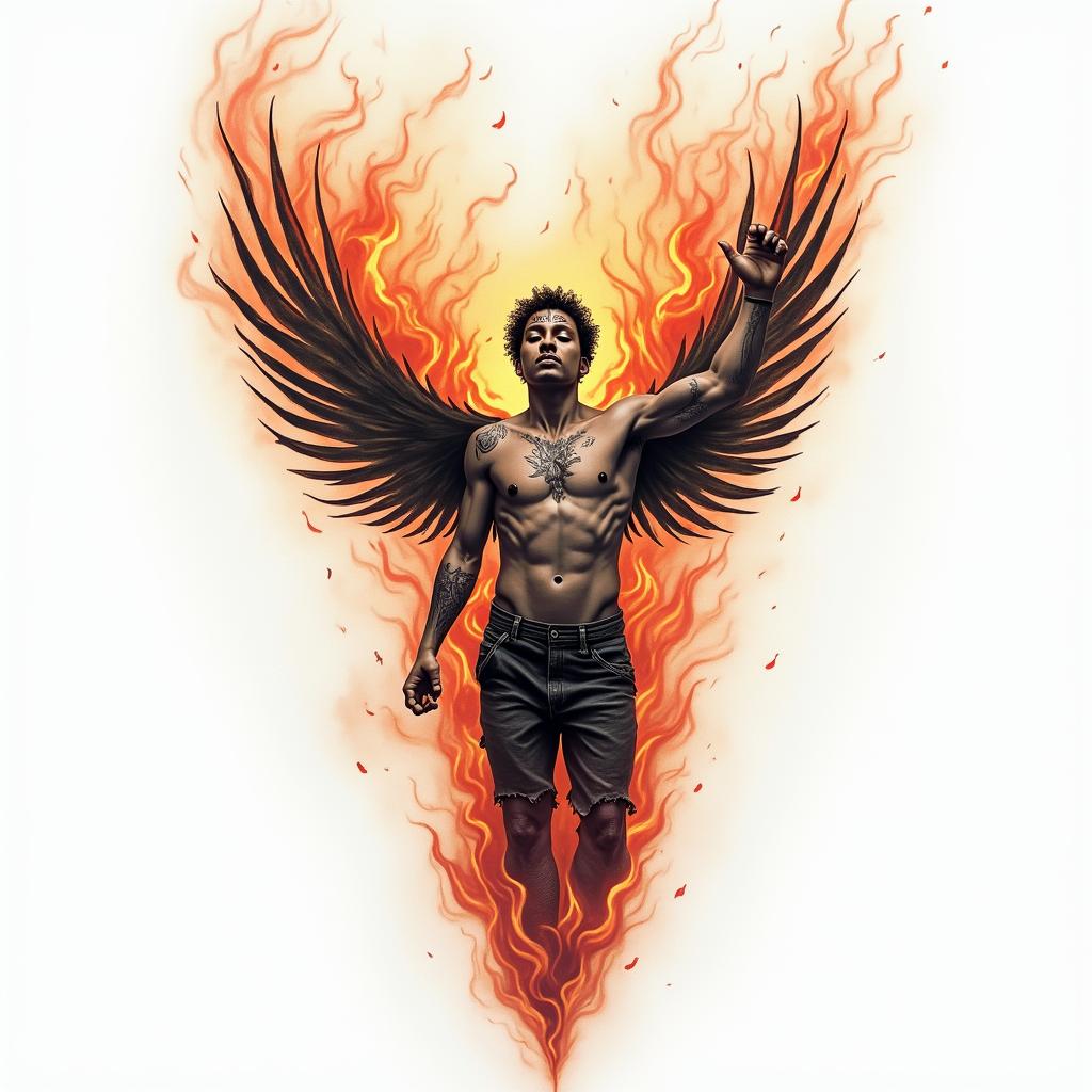 Recovering addiction and rising abovein flame tattoo style showcasing fiery elements with dynamic flame patterns, glowing effect of flames, natural colors