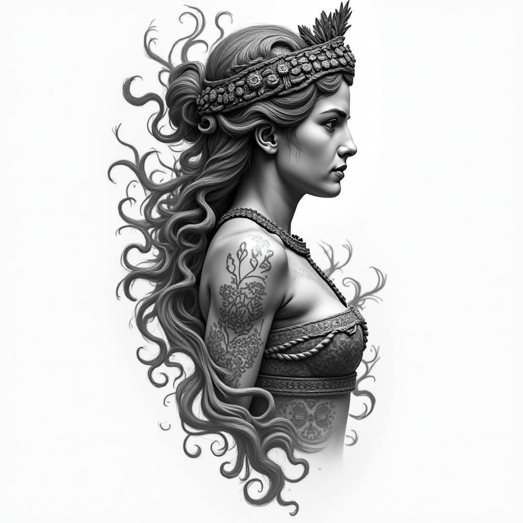 Athena, the goddess of war, firehigly detailed tattoo - Variation 17
