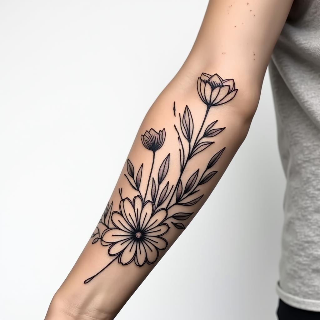 Birth flower forearm tattoo with March May July October flowersin Modest style tattoo, featuring soft, delicate line work with simple and meaningful symbols, gentle waves, a heart, evoking a sense of serenity and grace, - Variation 3