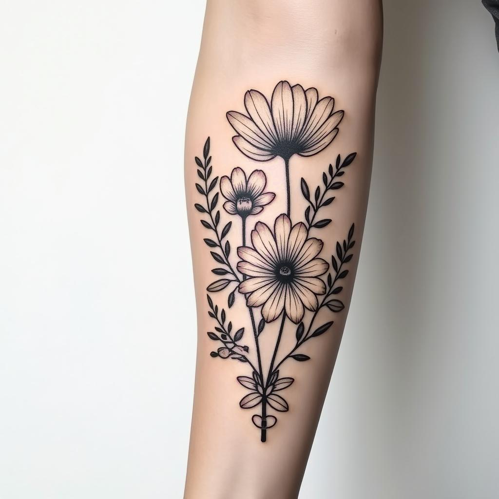 Birth flower forearm tattoo with March May July October flowersin Modest style tattoo, featuring soft, delicate line work with simple and meaningful symbols, gentle waves, a heart, evoking a sense of serenity and grace,