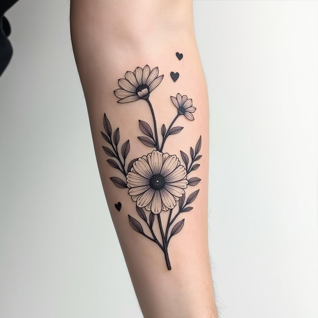 Birth flower forearm tattoo with March May July October flowersin Modest style tattoo, featuring soft, delicate line work with simple and meaningful symbols, gentle waves, a heart, evoking a sense of serenity and grace, - Variation 2