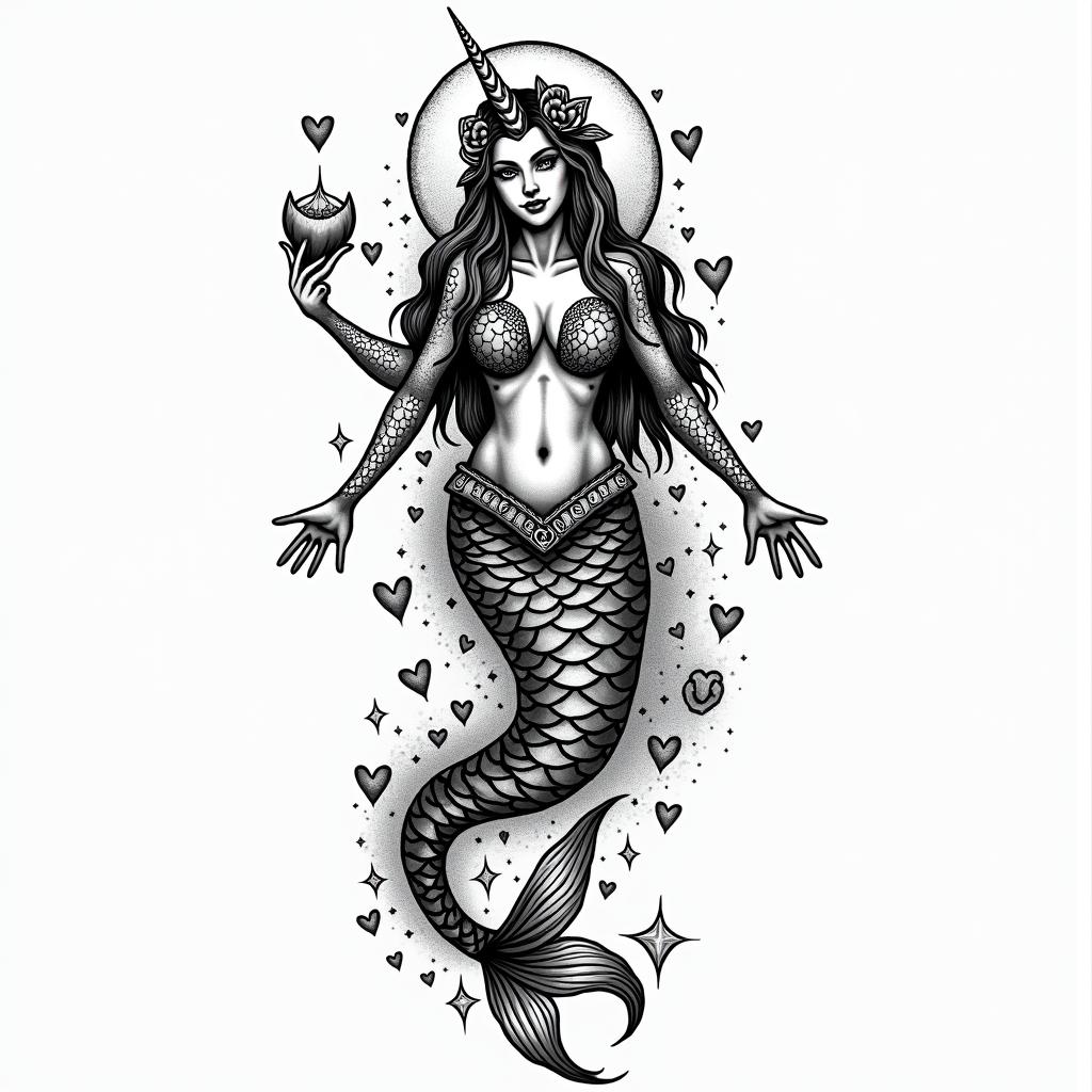 Aquarius, Jacksonville, North Carolina, loves love, loves life, loves hearts, mermaids, unicorns, takes care of everyone else, and her black pitbull Gypsyin authentic tattoo style, incorporating traditional modifications, bold black outlines, solid color fills, featuring classic authentic elements