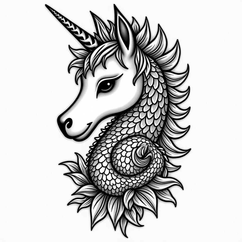 Aquarius, Jacksonville, North Carolina, loves love, loves life, loves hearts, mermaids, unicorns, takes care of everyone else, and her black pitbull Gypsyin authentic tattoo style, incorporating traditional modifications, bold black outlines, solid color fills, featuring classic authentic elements - Variation 4