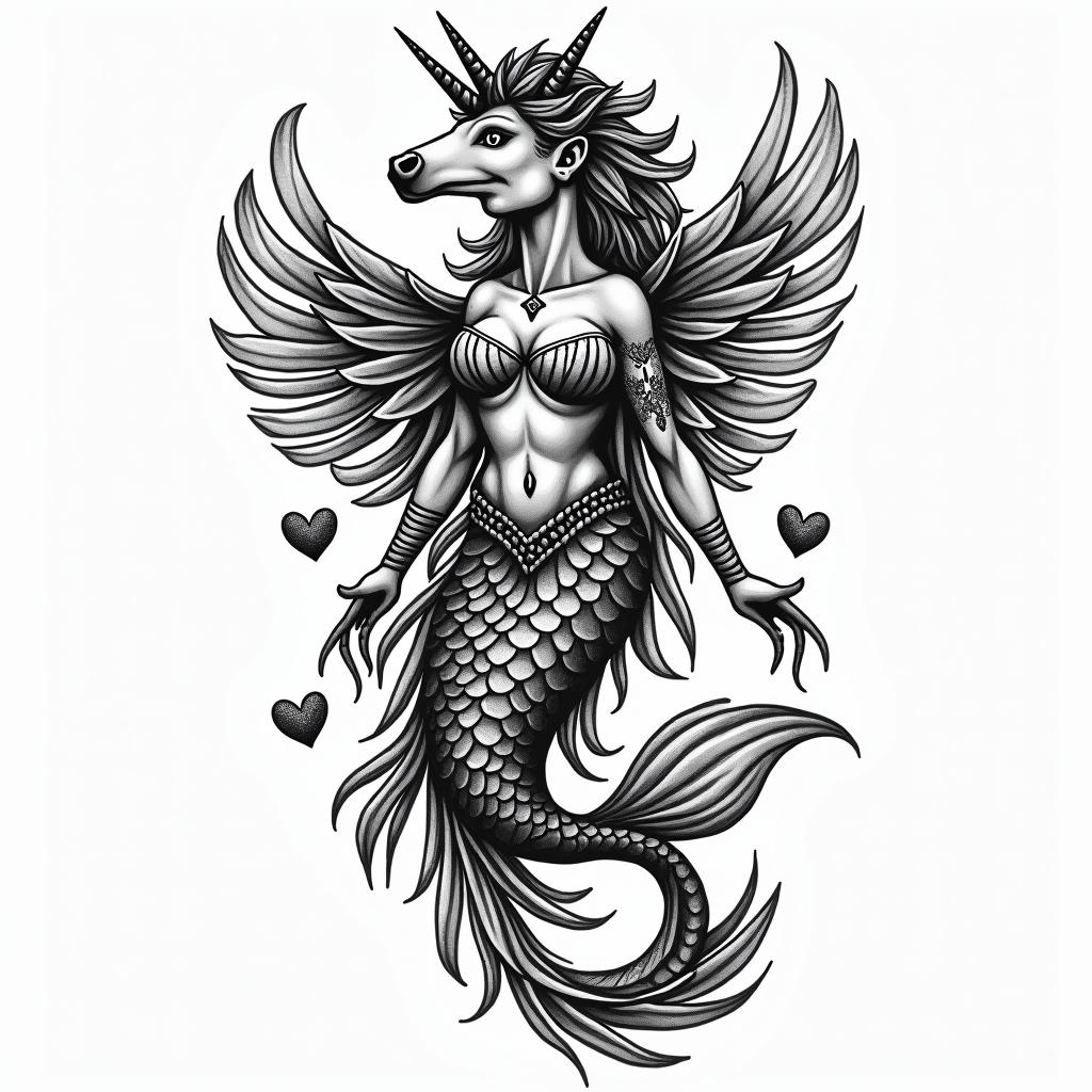 Aquarius, Jacksonville, North Carolina, loves love, loves life, loves hearts, mermaids, unicorns, takes care of everyone else, and her black pitbull Gypsyin authentic tattoo style, incorporating traditional modifications, bold black outlines, solid color fills, featuring classic authentic elements - Variation 3