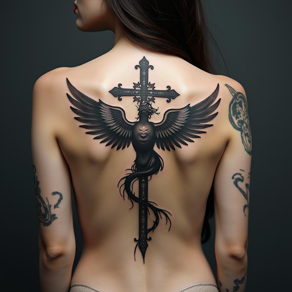 Angel and devil back to back crosshigly detailed tattoo