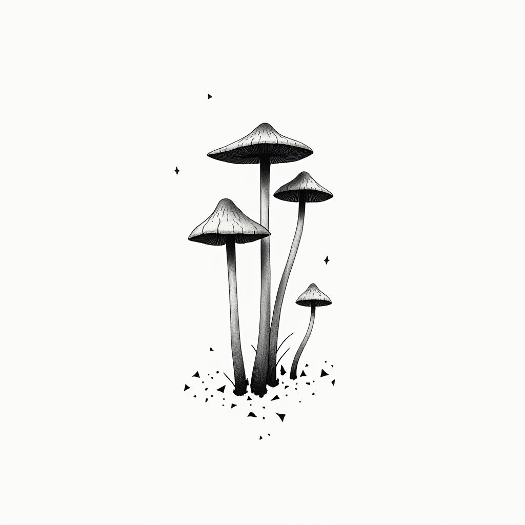 Mushroomsin minimalist style tattoo, featuring simple shapes and fine lines, with minimal shading and details, tiny triangles, creating a sense of balance and harmony - Variation 2