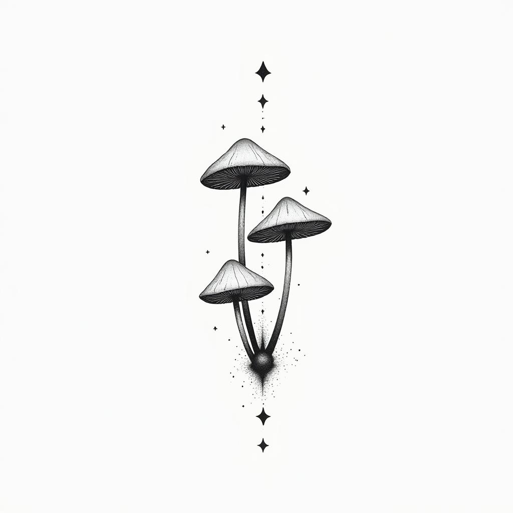 Mushroomsin minimalist style tattoo, featuring simple shapes and fine lines, with minimal shading and details, tiny triangles, creating a sense of balance and harmony