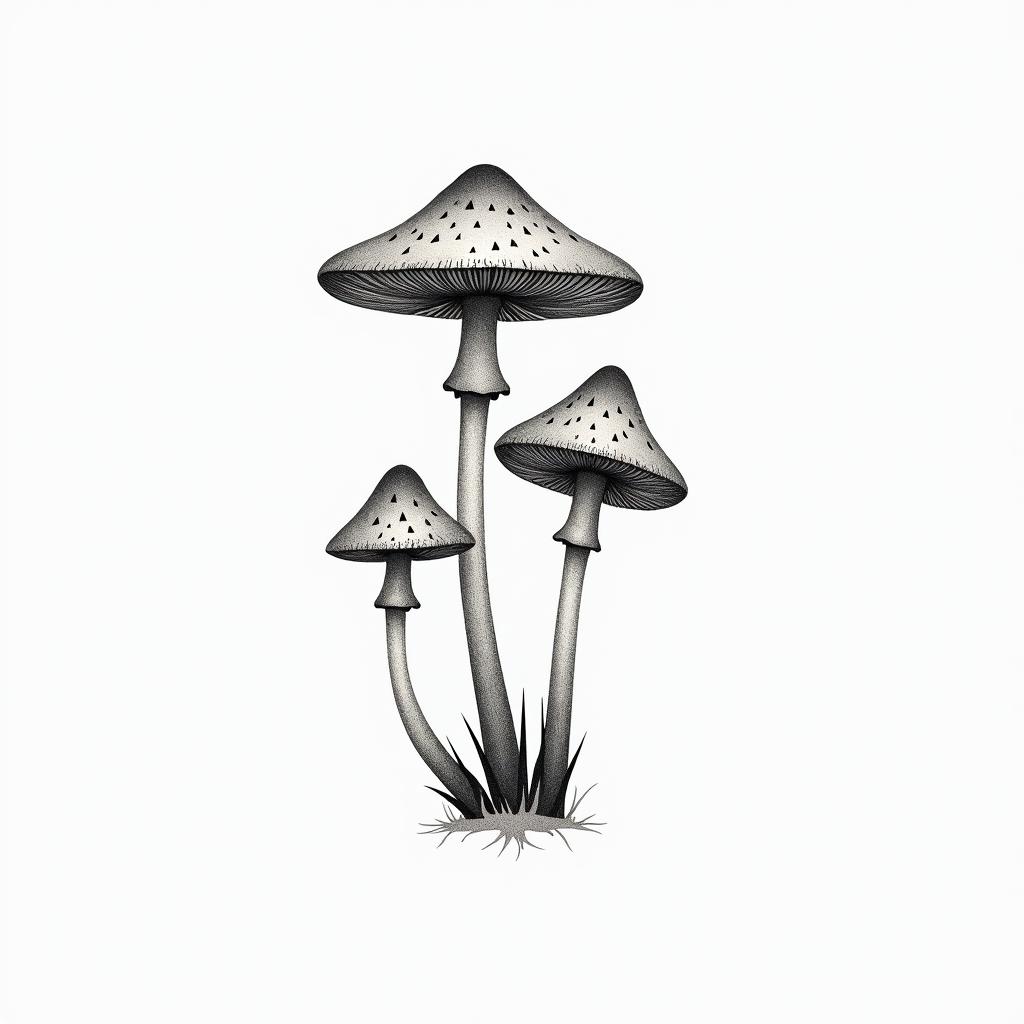 Mushroomsin minimalist style tattoo, featuring simple shapes and fine lines, with minimal shading and details, tiny triangles, creating a sense of balance and harmony - Variation 3