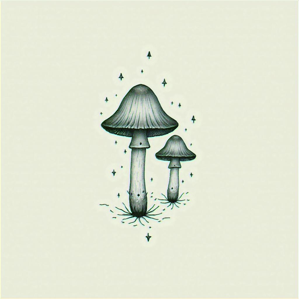 Mushroomsin minimalist style tattoo, featuring simple shapes and fine lines, with minimal shading and details, tiny triangles, creating a sense of balance and harmony - Variation 4