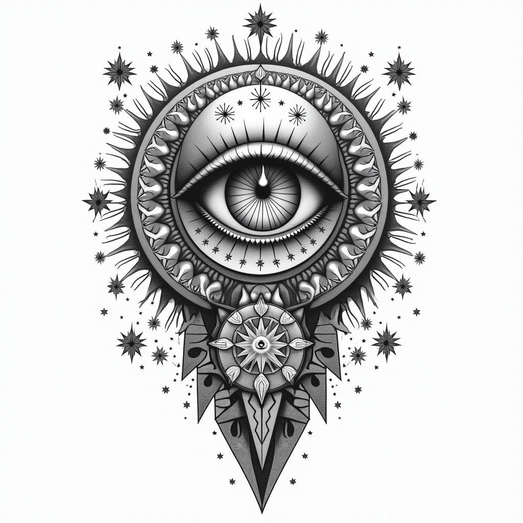 Recovering addiction and rising abovein prophecy tattoo style, featuring mystical symbols, celestial imagery like stars, moons, suns, geometric patterns, foretelling elements, an eye of wisdom
