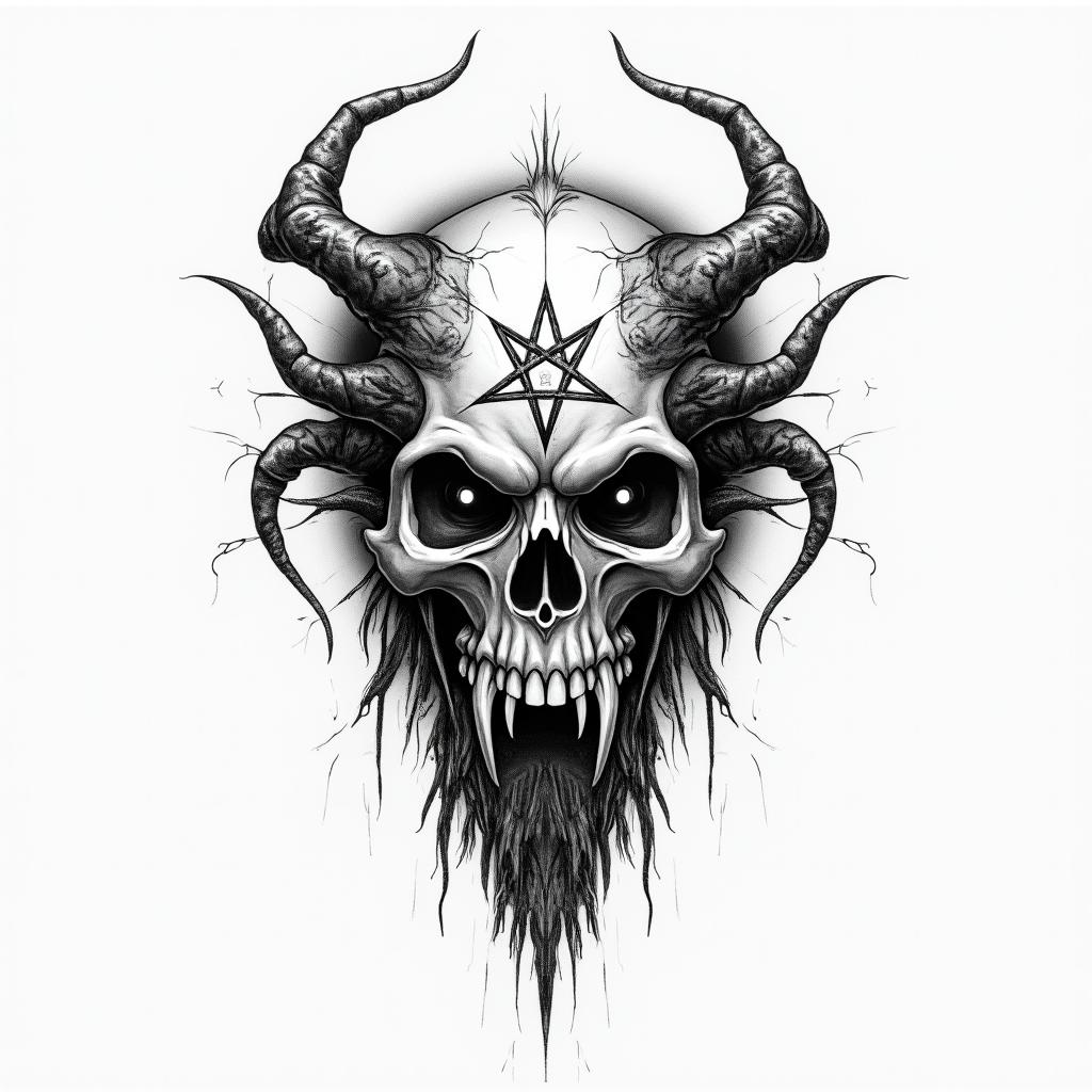Hand of death and hand of Godcreepy horror tattoo style, featuring an eerie and unsettling skull of a demonic creature, distorted face with sharp fangs, add pentagram symbol - Variation 4