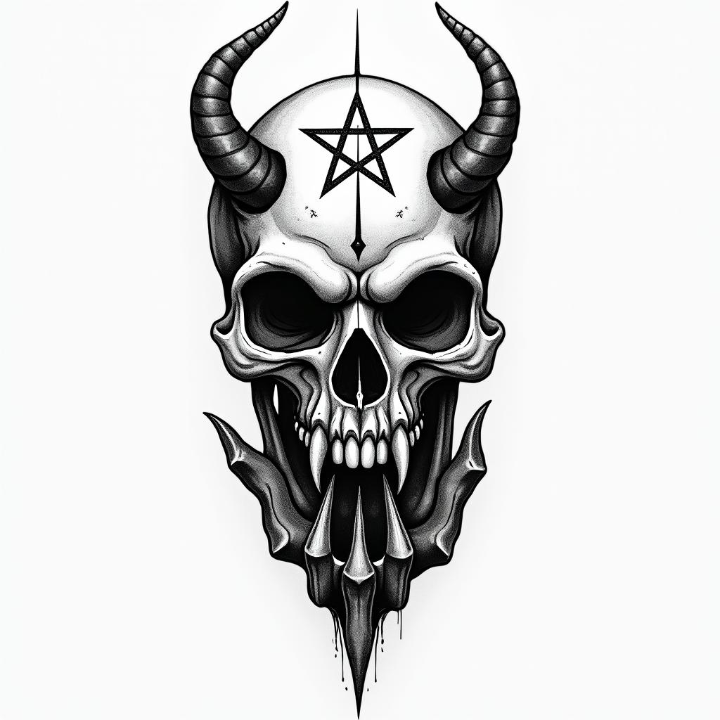 Hand of death and hand of Godcreepy horror tattoo style, featuring an eerie and unsettling skull of a demonic creature, distorted face with sharp fangs, add pentagram symbol - Variation 1