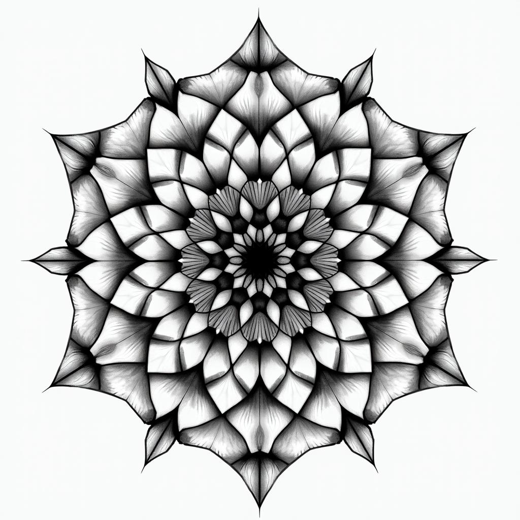 Bauchtattoo in geometric style tattoo, blending hexagons, mandala-inspired patterns, symmetrical and fractal design, clean lines, sharp angles - Variation 4