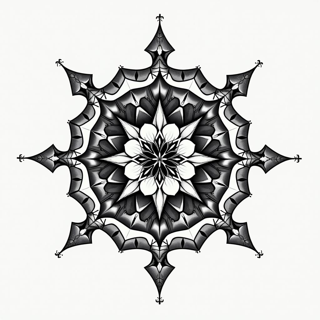 Bauchtattoo in geometric style tattoo, blending hexagons, mandala-inspired patterns, symmetrical and fractal design, clean lines, sharp angles
