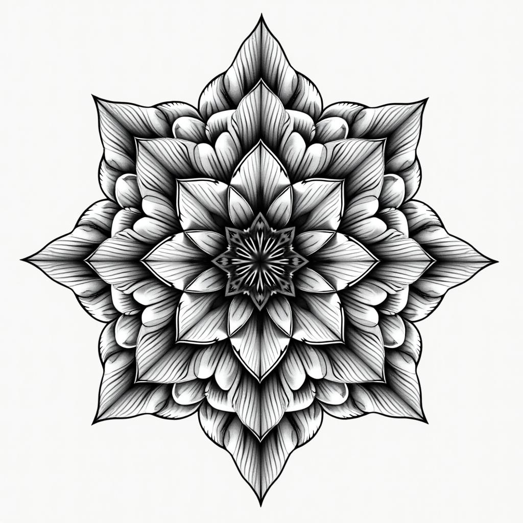 Bauchtattoo in geometric style tattoo, blending hexagons, mandala-inspired patterns, symmetrical and fractal design, clean lines, sharp angles - Variation 3