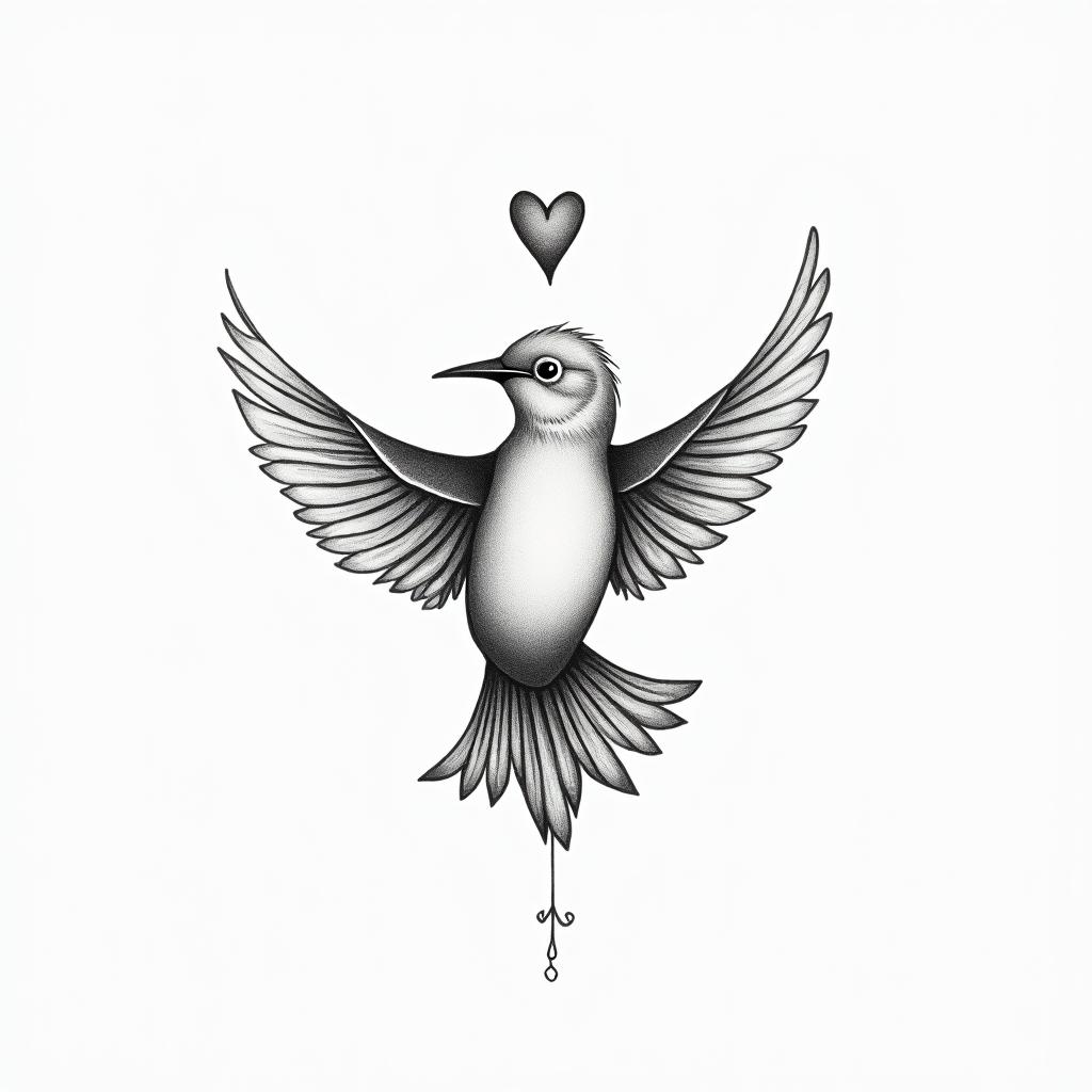 Painted bunting birdin Modest style tattoo, featuring soft, delicate line work with simple and meaningful symbols, gentle waves, a heart, evoking a sense of serenity and grace,