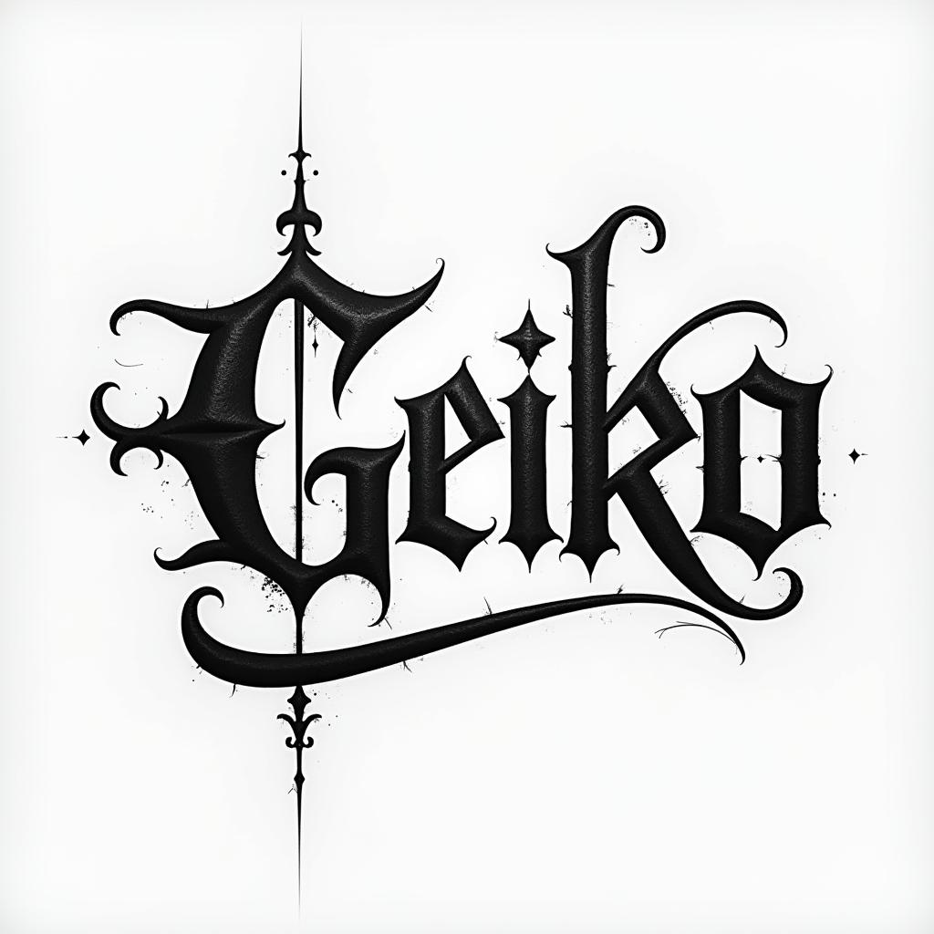 Geikotext-based tattoo, gothic font ultra-realistic, perfectly placed, high-quality font design, photo-realistic shading, 8k, high quality, finely detailed typography