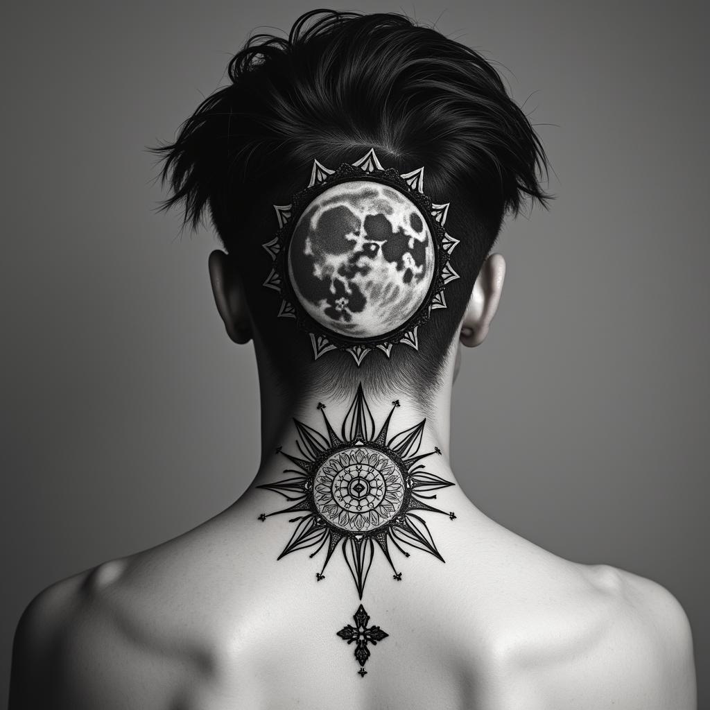 Sun and moon intertwined, shining in geometric style tattoo, blending hexagons, mandala-inspired patterns, symmetrical and fractal design, clean lines, sharp angles - Variation 2