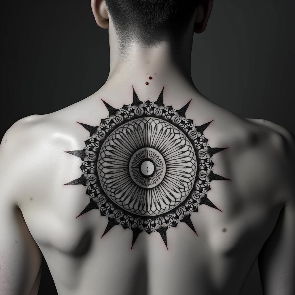 Sun and moon intertwined, shining in geometric style tattoo, blending hexagons, mandala-inspired patterns, symmetrical and fractal design, clean lines, sharp angles - Variation 4