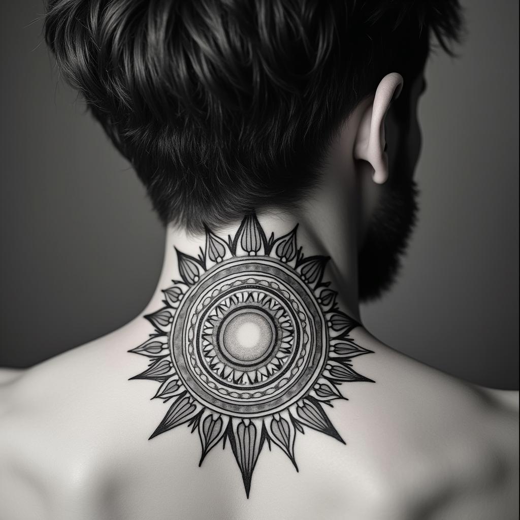 Sun and moon intertwined, shining in geometric style tattoo, blending hexagons, mandala-inspired patterns, symmetrical and fractal design, clean lines, sharp angles - Variation 3