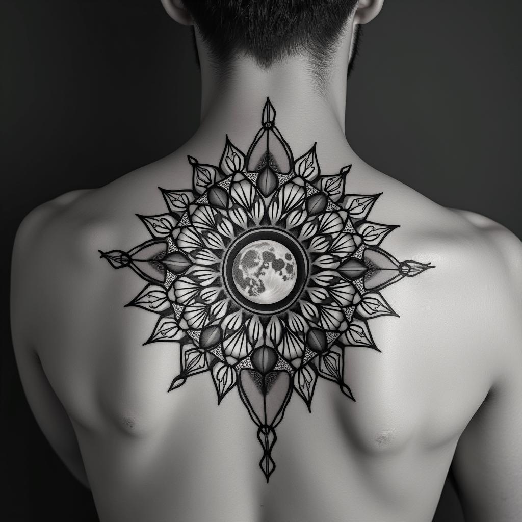 Sun and moon intertwined, shining in geometric style tattoo, blending hexagons, mandala-inspired patterns, symmetrical and fractal design, clean lines, sharp angles
