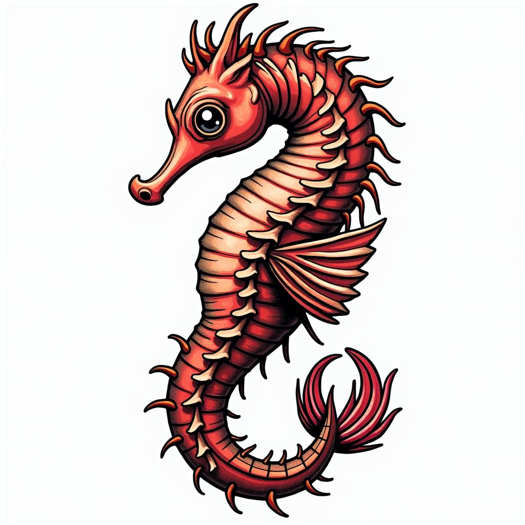 Seahorsein pop art style tattoo, featuring bold and vibrant colors, exaggerated outlines, iconic imagery, inspired by comic books and speech bubbles, comic book characters, retro pop culture - Variation 2