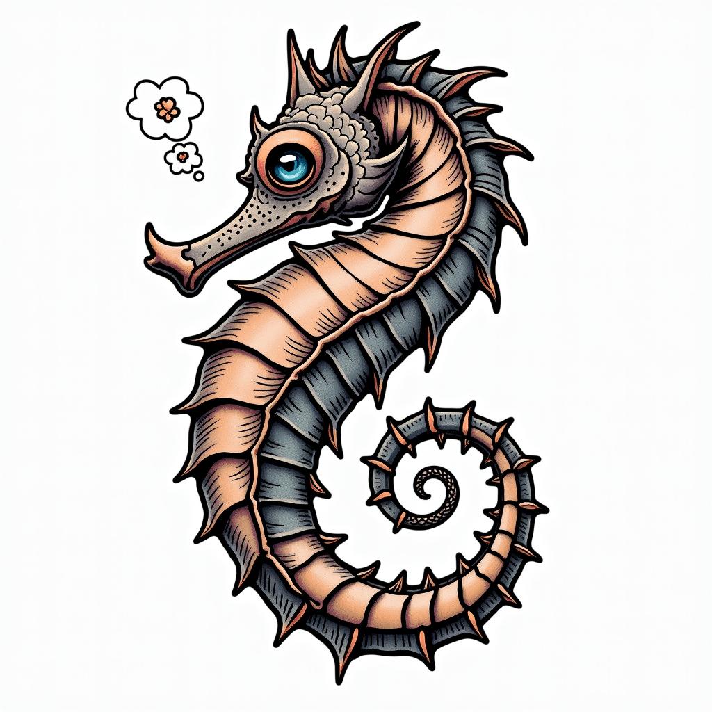 Seahorsein pop art style tattoo, featuring bold and vibrant colors, exaggerated outlines, iconic imagery, inspired by comic books and speech bubbles, comic book characters, retro pop culture