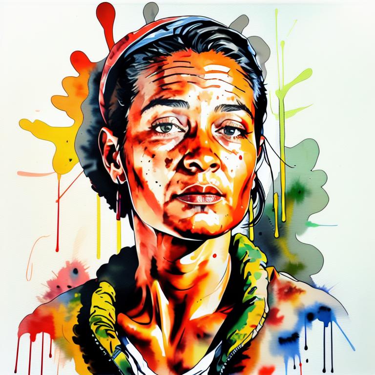  vibrant watercolor portrait with graffiti style face, fully white background, ,face with soft blending of warm and cool tones (orange, yellow, green),using shades of colors, contrast between light and shadow on the face, Bold color splashes and abstract drips in the background for a dynamic, artistic vibe, highly detailed tattoo, fully white background , dskinkpunkundefined - Variation 18