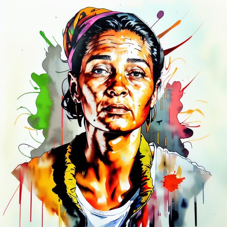 vibrant watercolor portrait with graffiti style face, fully white background, ,face with soft blending of warm and cool tones (orange, yellow, green),using shades of colors, contrast between light and shadow on the face, Bold color splashes and abstract drips in the background for a dynamic, artistic vibe, highly detailed tattoo, fully white background , dskinkpunkundefined - Variation 17