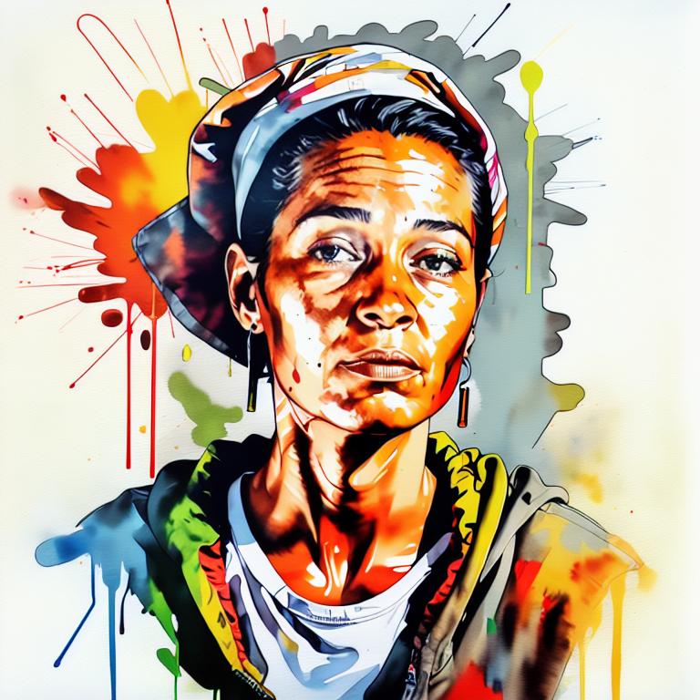  vibrant watercolor portrait with graffiti style face, fully white background, ,face with soft blending of warm and cool tones (orange, yellow, green),using shades of colors, contrast between light and shadow on the face, Bold color splashes and abstract drips in the background for a dynamic, artistic vibe, highly detailed tattoo, fully white background , dskinkpunkundefined - Variation 19