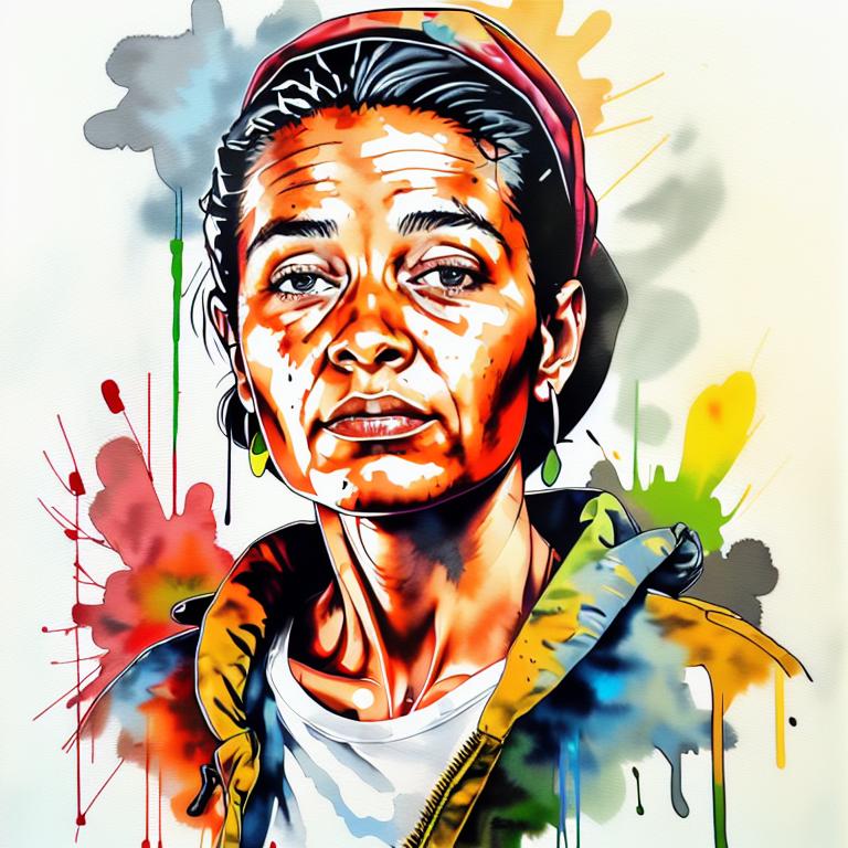  vibrant watercolor portrait with graffiti style face, fully white background, ,face with soft blending of warm and cool tones (orange, yellow, green),using shades of colors, contrast between light and shadow on the face, Bold color splashes and abstract drips in the background for a dynamic, artistic vibe, highly detailed tattoo, fully white background , dskinkpunkundefined - Variation 20