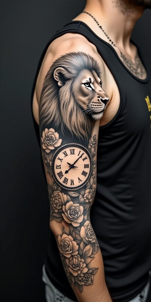 Lion looking to the side with a clock and rosein authentic tattoo style, incorporating traditional modifications, bold black outlines, solid color fills, featuring classic authentic elements