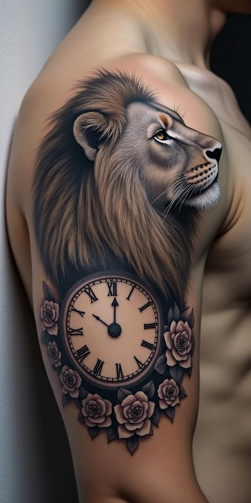 Lion looking to the side with a clock and rosein authentic tattoo style, incorporating traditional modifications, bold black outlines, solid color fills, featuring classic authentic elements - Variation 2