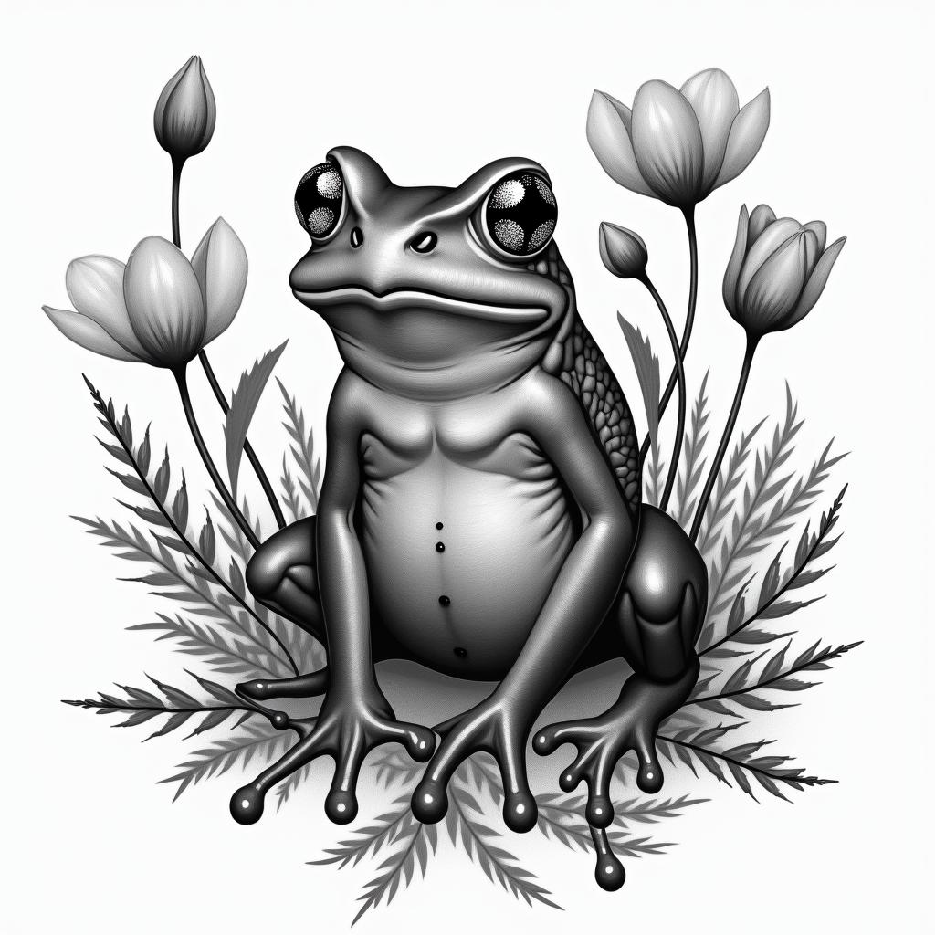 Frog surrounded by poppies with a compassin realism tattoo style, featuring a highly detailed, lifelike, capturing every detail, photorealistic, ultra realistic, intricate shading, smooth and sharp, - Variation 1