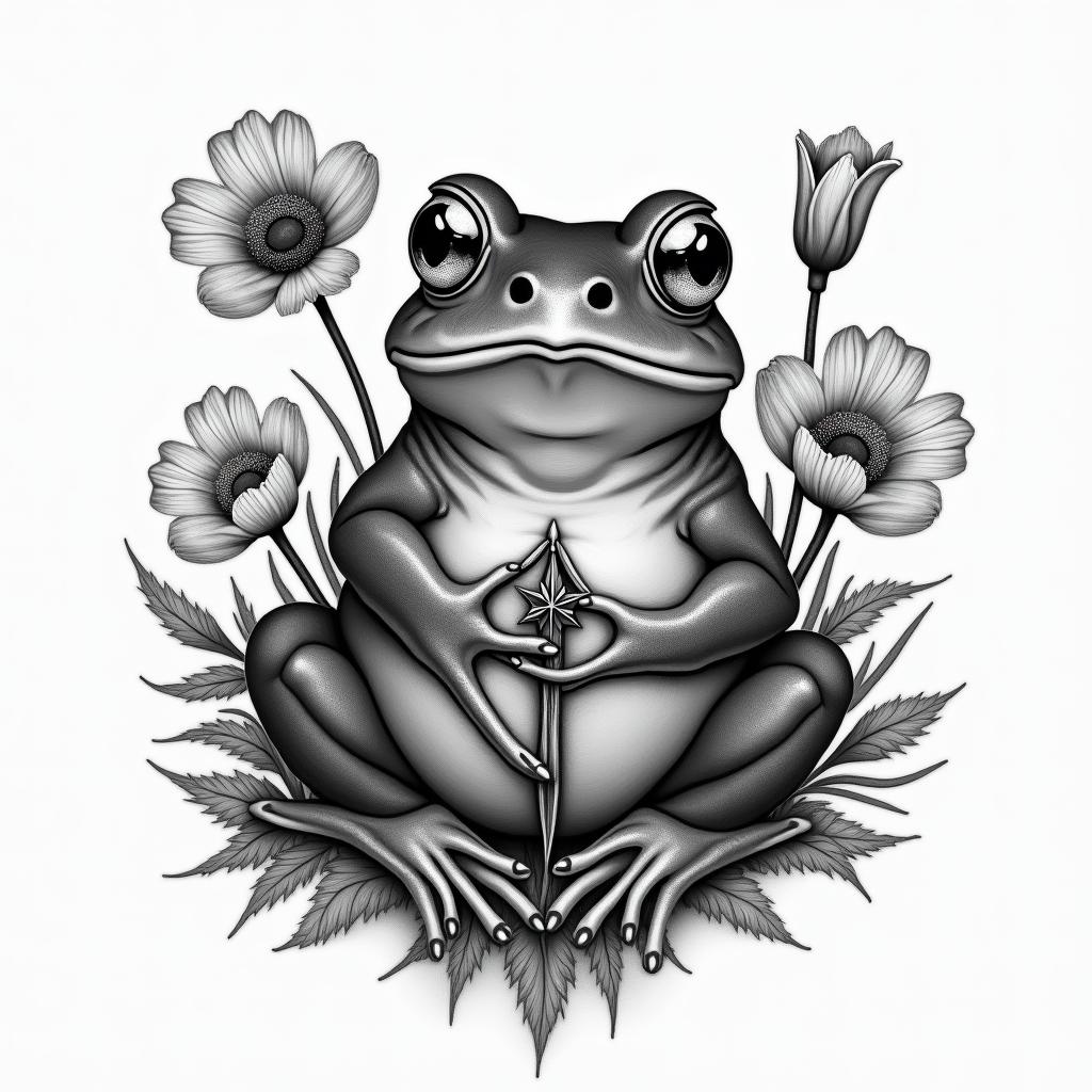 Frog surrounded by poppies with a compassin realism tattoo style, featuring a highly detailed, lifelike, capturing every detail, photorealistic, ultra realistic, intricate shading, smooth and sharp, - Variation 4