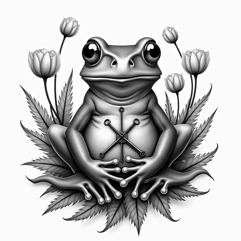 Frog surrounded by poppies with a compassin realism tattoo style, featuring a highly detailed, lifelike, capturing every detail, photorealistic, ultra realistic, intricate shading, smooth and sharp, - Variation 2