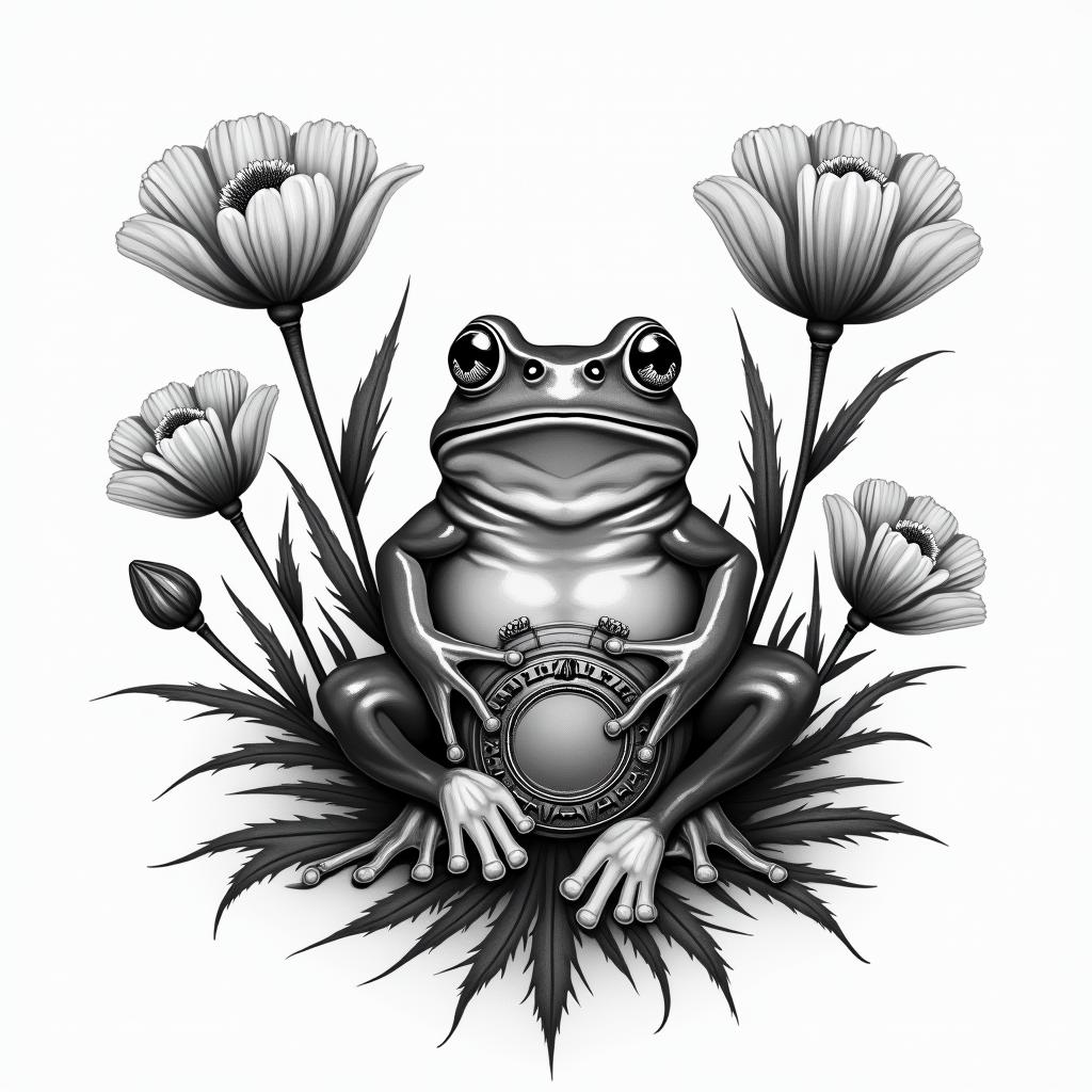 Frog surrounded by poppies with a compassin realism tattoo style, featuring a highly detailed, lifelike, capturing every detail, photorealistic, ultra realistic, intricate shading, smooth and sharp, - Variation 3