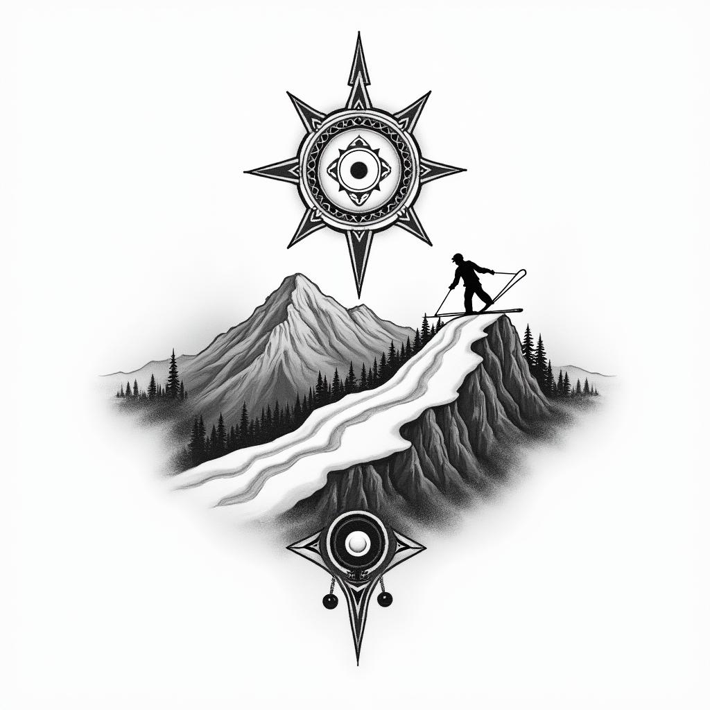 Mountain scene with skiingin spiritual symbols tattoo style, featuring an intricate design incorporating elements, Hamsa hand, third eye, minimalist composition - Variation 4