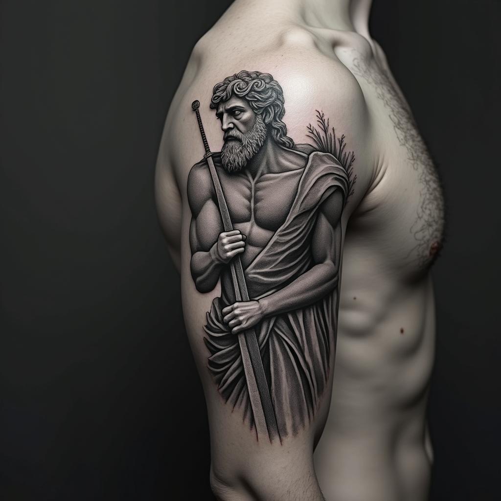 Greek god after war with swordin realism tattoo style, featuring a highly detailed, lifelike, capturing every detail, photorealistic, ultra realistic, intricate shading, smooth and sharp,   - Variation 3