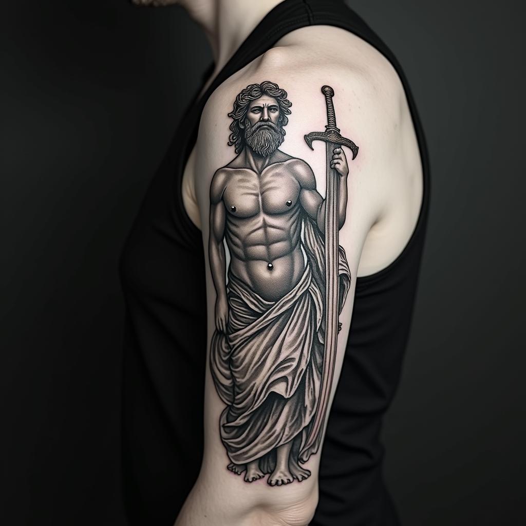Greek god after war with swordin realism tattoo style, featuring a highly detailed, lifelike, capturing every detail, photorealistic, ultra realistic, intricate shading, smooth and sharp,  