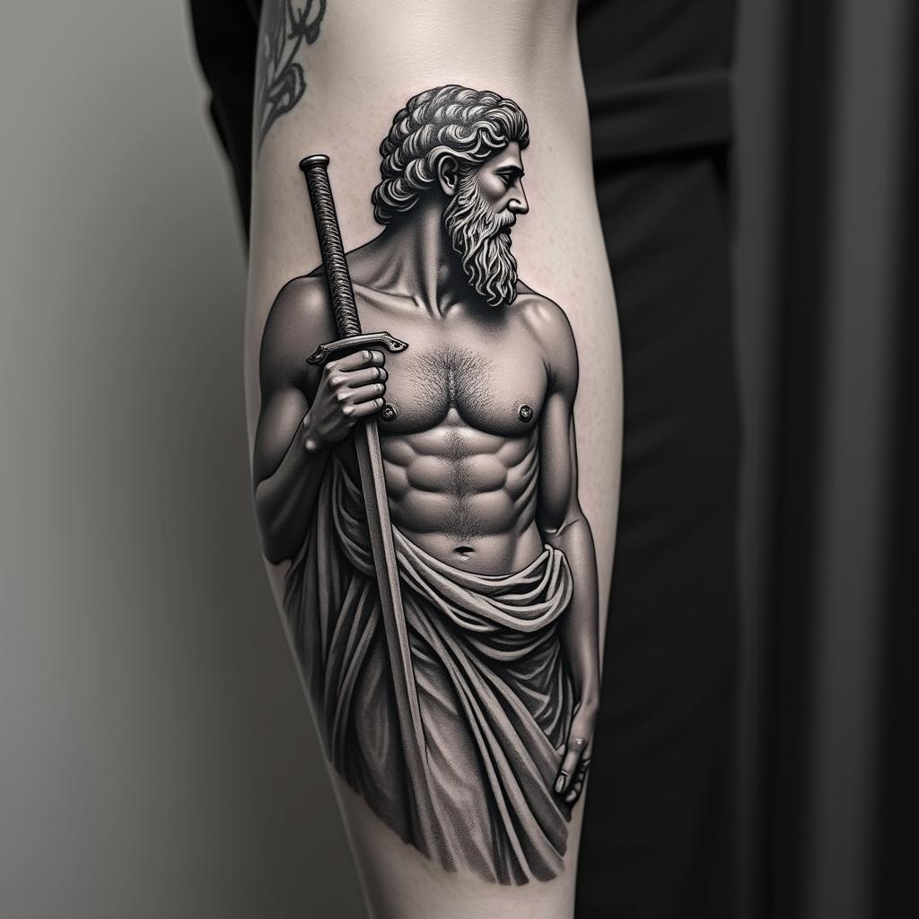 Greek god after war with swordin realism tattoo style, featuring a highly detailed, lifelike, capturing every detail, photorealistic, ultra realistic, intricate shading, smooth and sharp,   - Variation 2