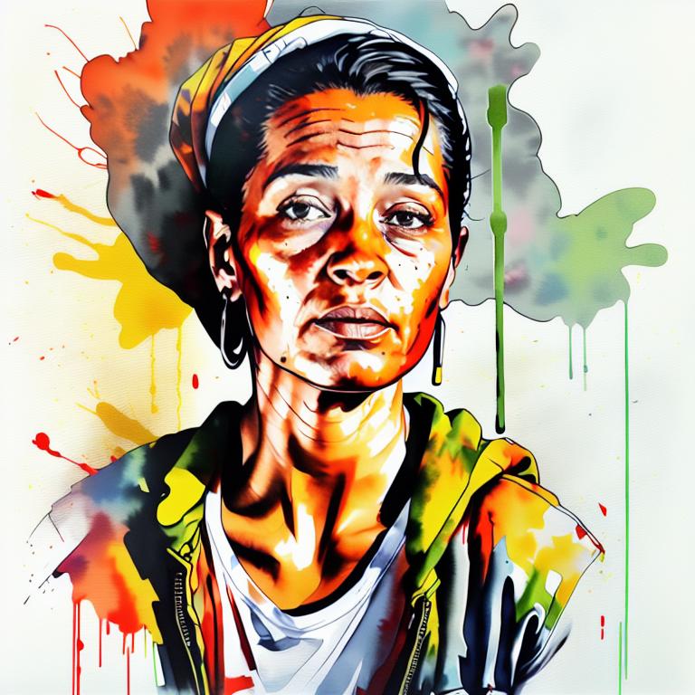  vibrant watercolor portrait with graffiti style face, fully white background, ,face with soft blending of warm and cool tones (orange, yellow, green),using shades of colors, contrast between light and shadow on the face, Bold color splashes and abstract drips in the background for a dynamic, artistic vibe, highly detailed tattoo, fully white background , dskinkpunkundefined - Variation 15