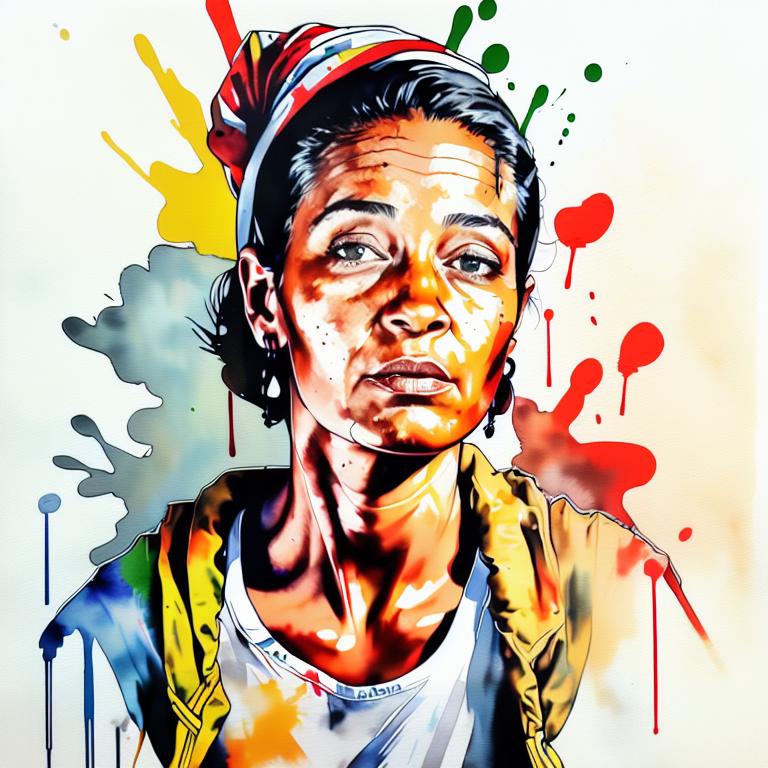  vibrant watercolor portrait with graffiti style face, fully white background, ,face with soft blending of warm and cool tones (orange, yellow, green),using shades of colors, contrast between light and shadow on the face, Bold color splashes and abstract drips in the background for a dynamic, artistic vibe, highly detailed tattoo, fully white background , dskinkpunkundefined - Variation 13