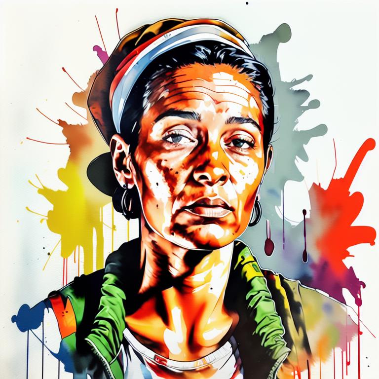  vibrant watercolor portrait with graffiti style face, fully white background, ,face with soft blending of warm and cool tones (orange, yellow, green),using shades of colors, contrast between light and shadow on the face, Bold color splashes and abstract drips in the background for a dynamic, artistic vibe, highly detailed tattoo, fully white background , dskinkpunkundefined - Variation 16